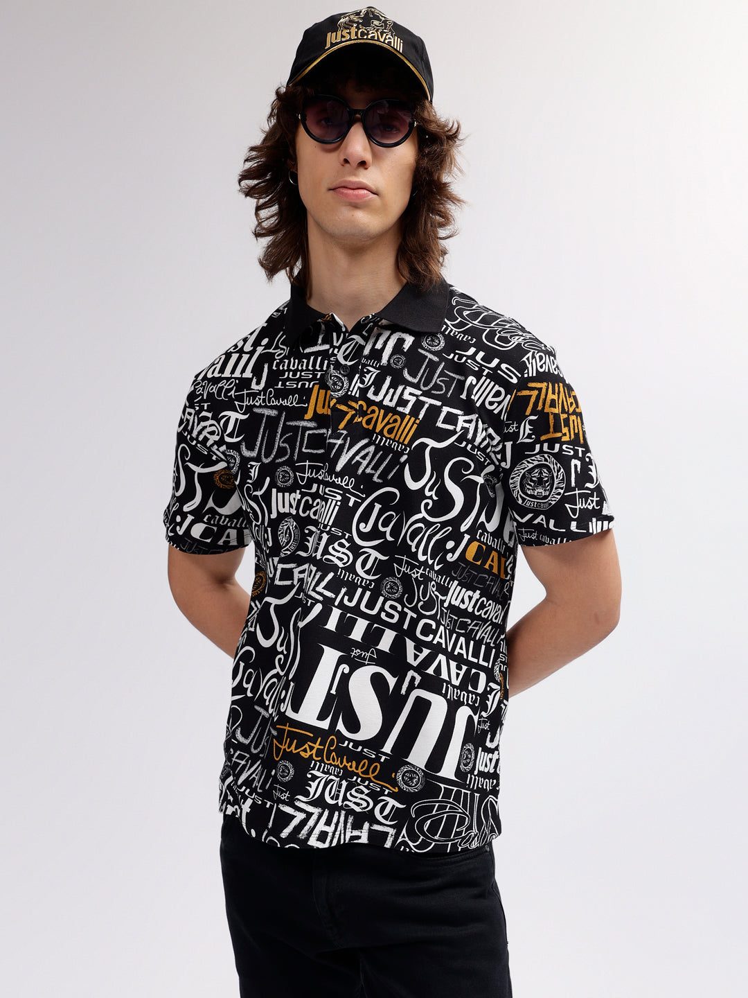 Just Cavalli Men Black Printed Polo Collar Short Sleeves T-shirt