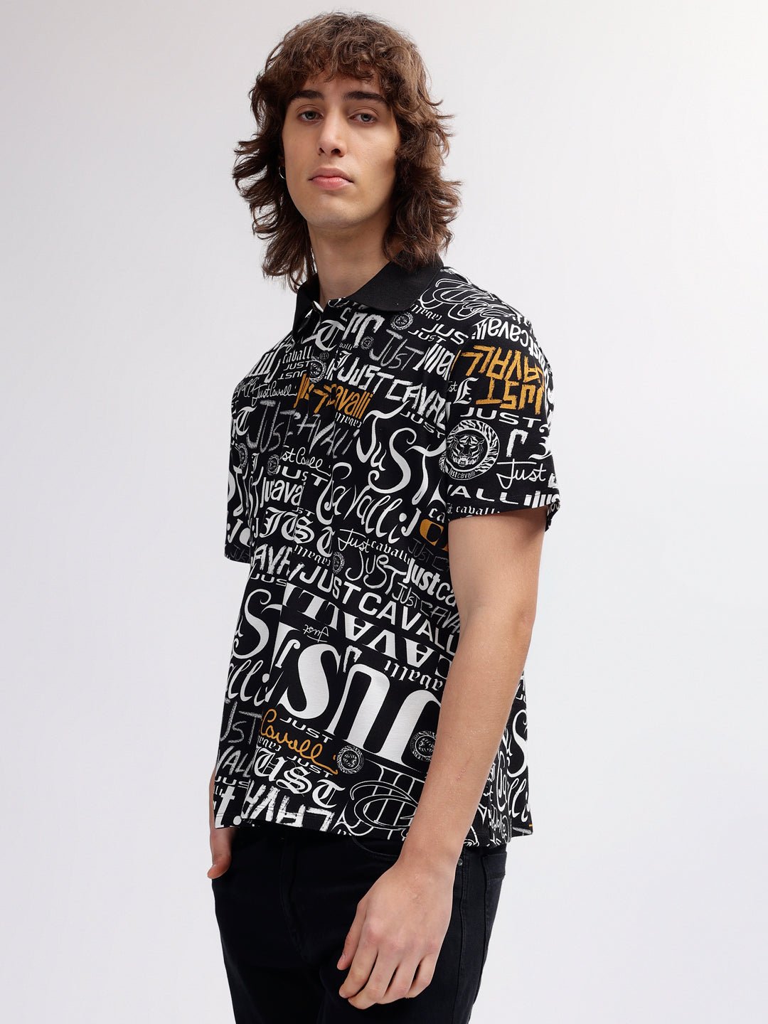 Just Cavalli Men Black Printed Polo Collar Short Sleeves T-shirt