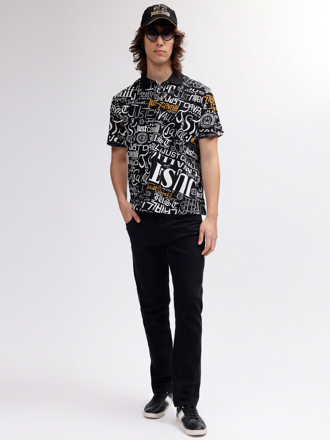 Just Cavalli Men Black Printed Polo Collar Short Sleeves T-shirt