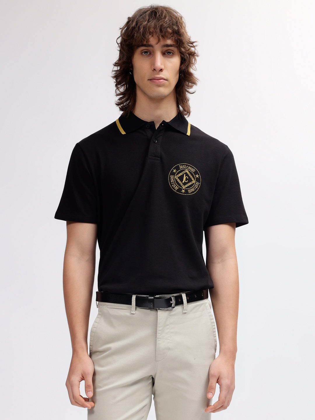 Shop Just Cavalli Men Black Solid Polo Collar Short Sleeves T shirt Online Iconic India