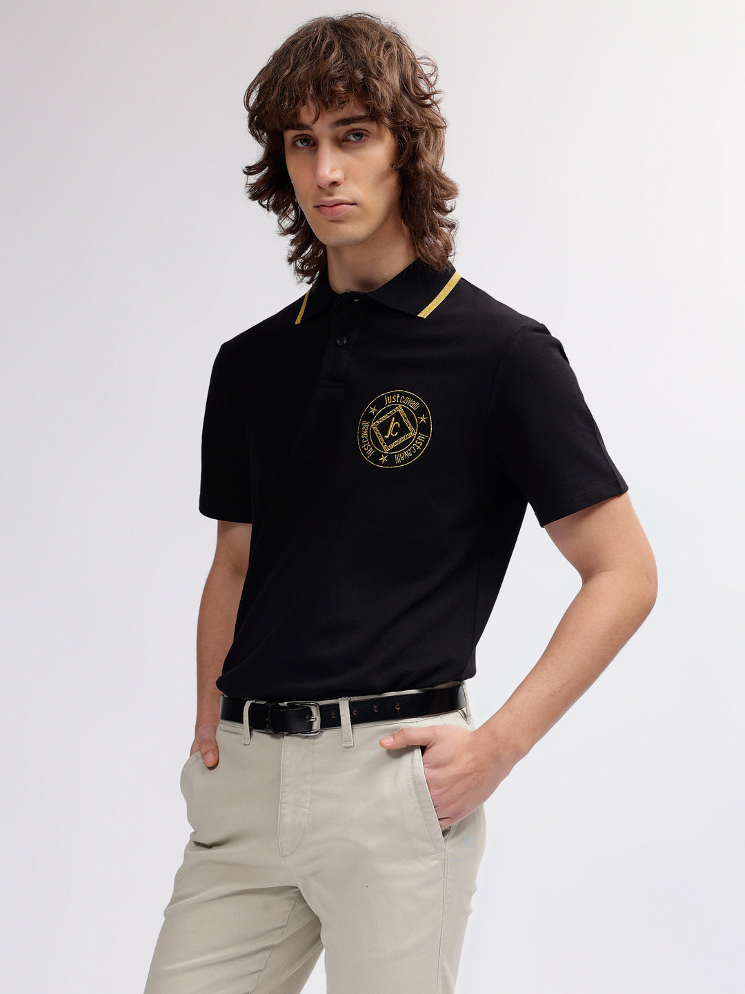 Just Cavalli Men Black Solid Polo Collar Short Sleeves T-shirt