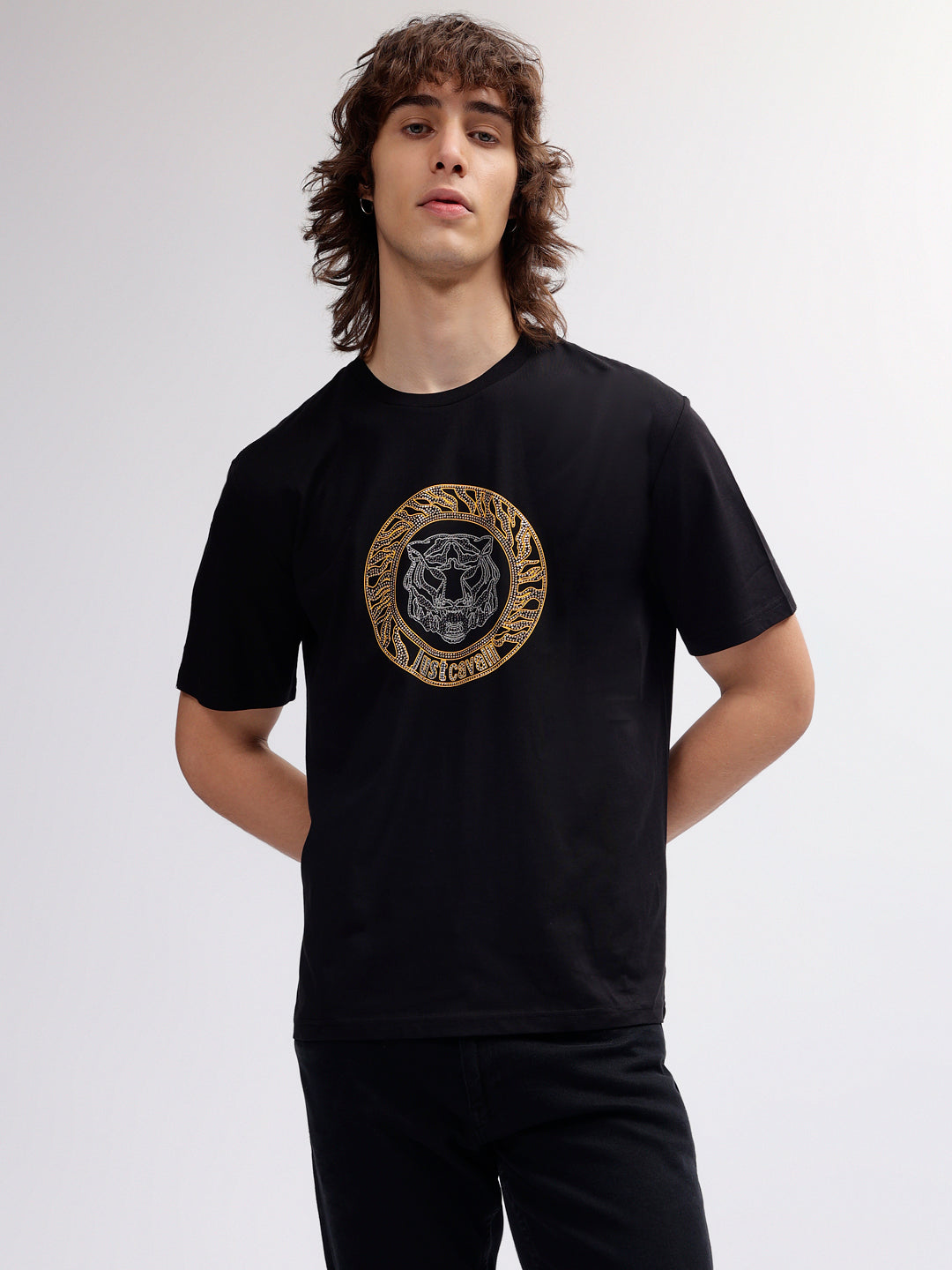 Just Cavalli Men Black Printed Round Neck Short Sleeves T-shirt