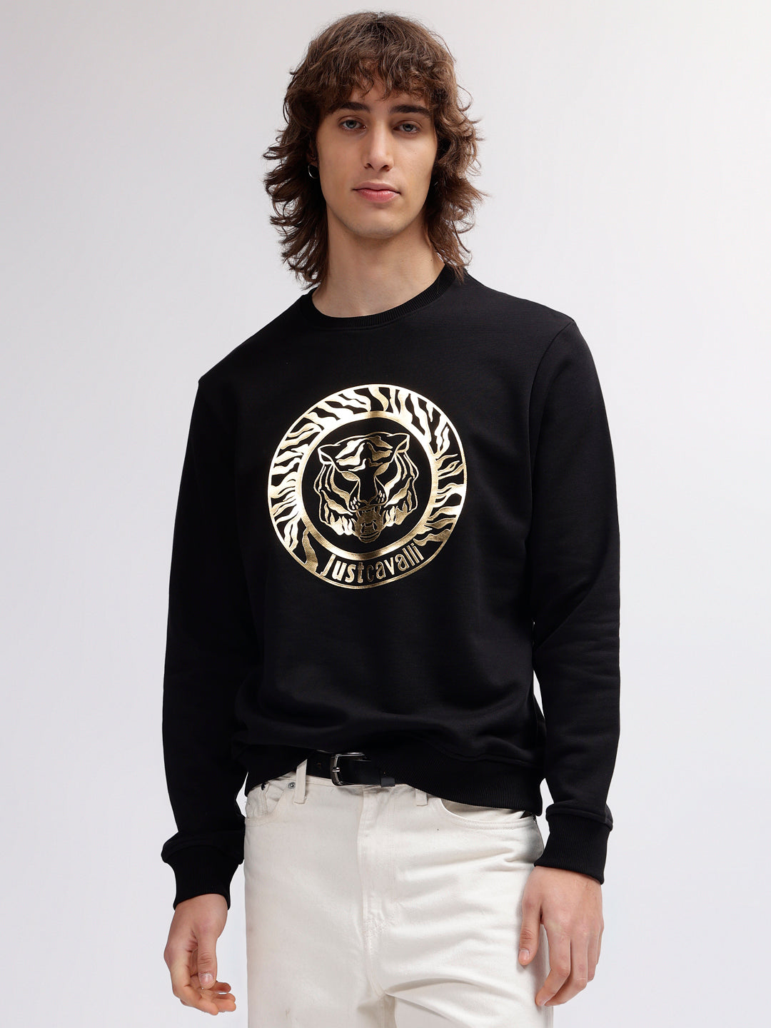 Just Cavalli Men Black Printed Round Neck Full Sleeves Sweatshirt