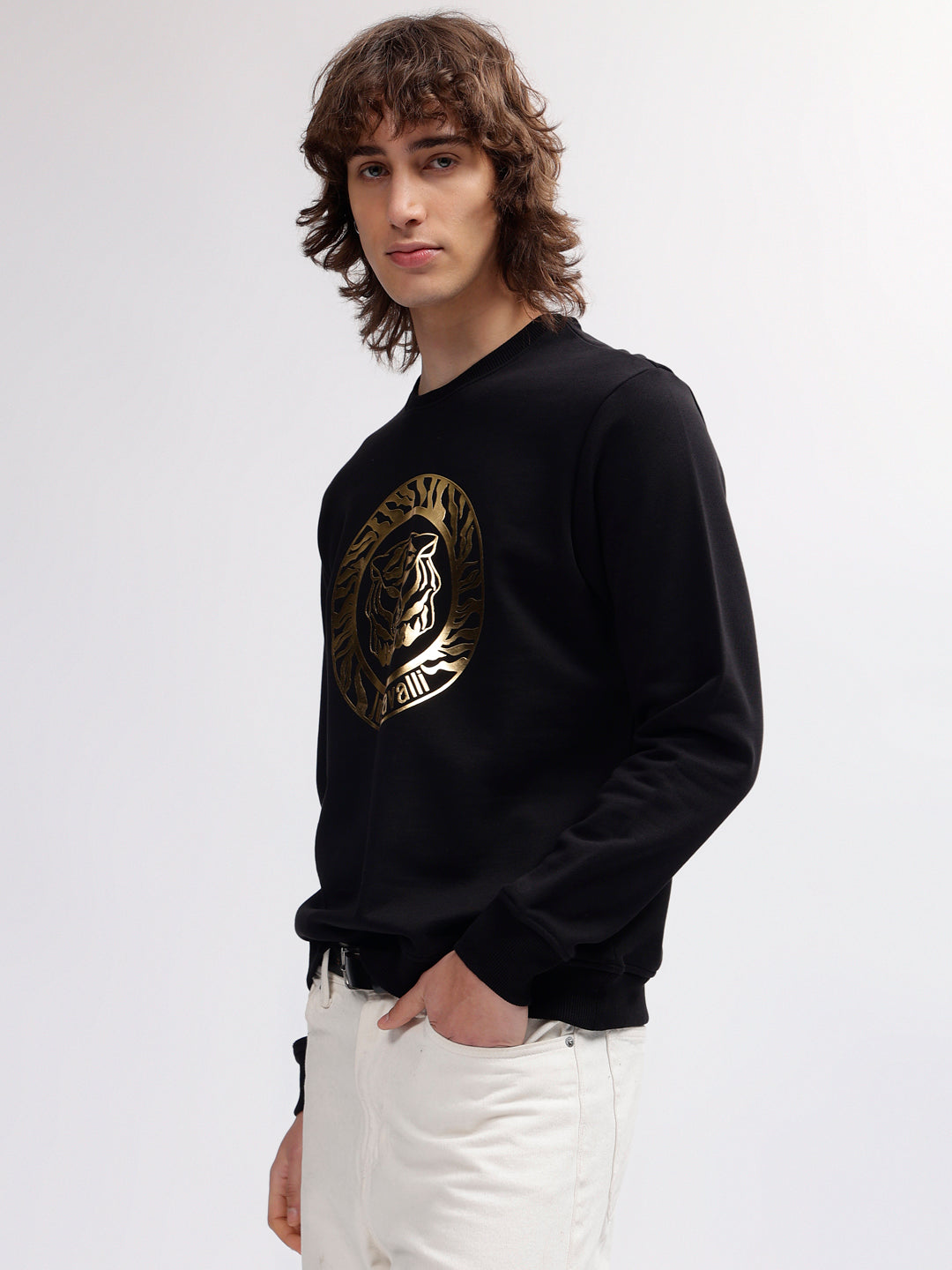 Just Cavalli Men Black Printed Round Neck Full Sleeves Sweatshirt