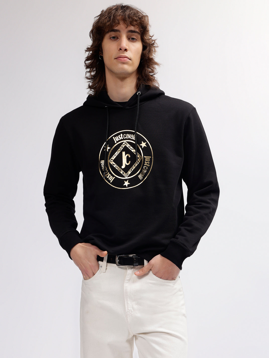 Just Cavalli Men Black Printed Hooded Full Sleeves Sweatshirt