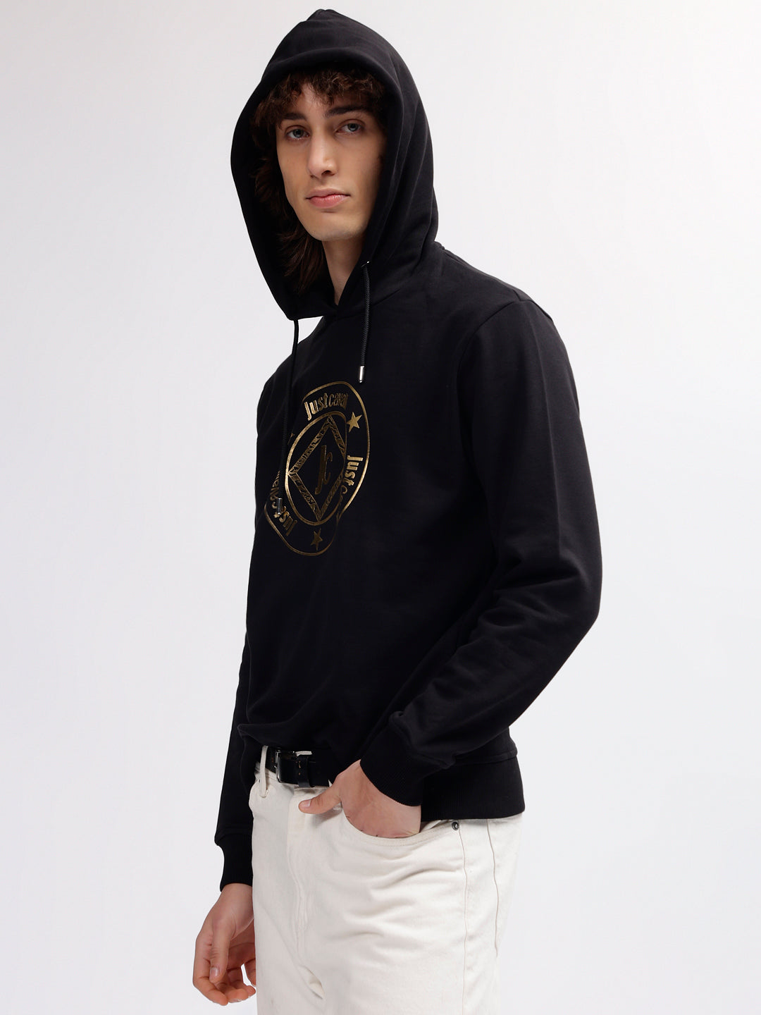 Just Cavalli Men Black Printed Hooded Full Sleeves Sweatshirt