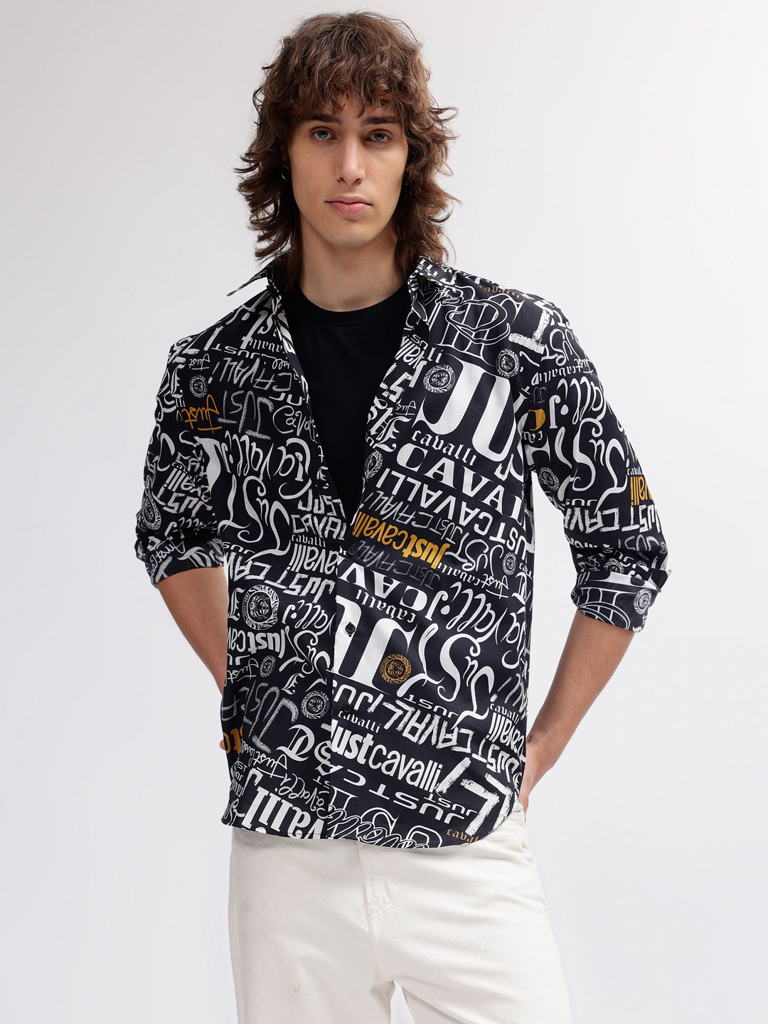 Just Cavalli Men Black Printed Spread Collar Full Sleeves Shirt