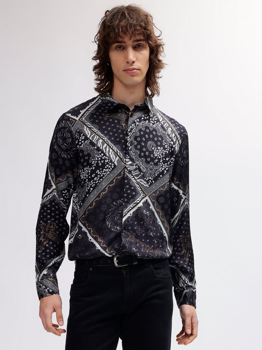 Just Cavalli Men Navy Blue Printed Spread Collar Full Sleeves Shirt