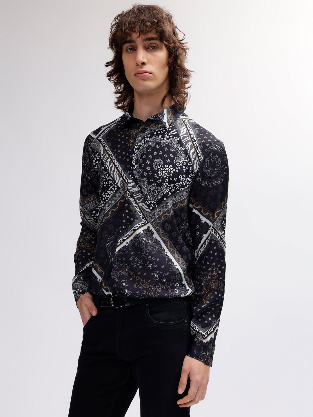 Just Cavalli Men Navy Blue Printed Spread Collar Full Sleeves Shirt