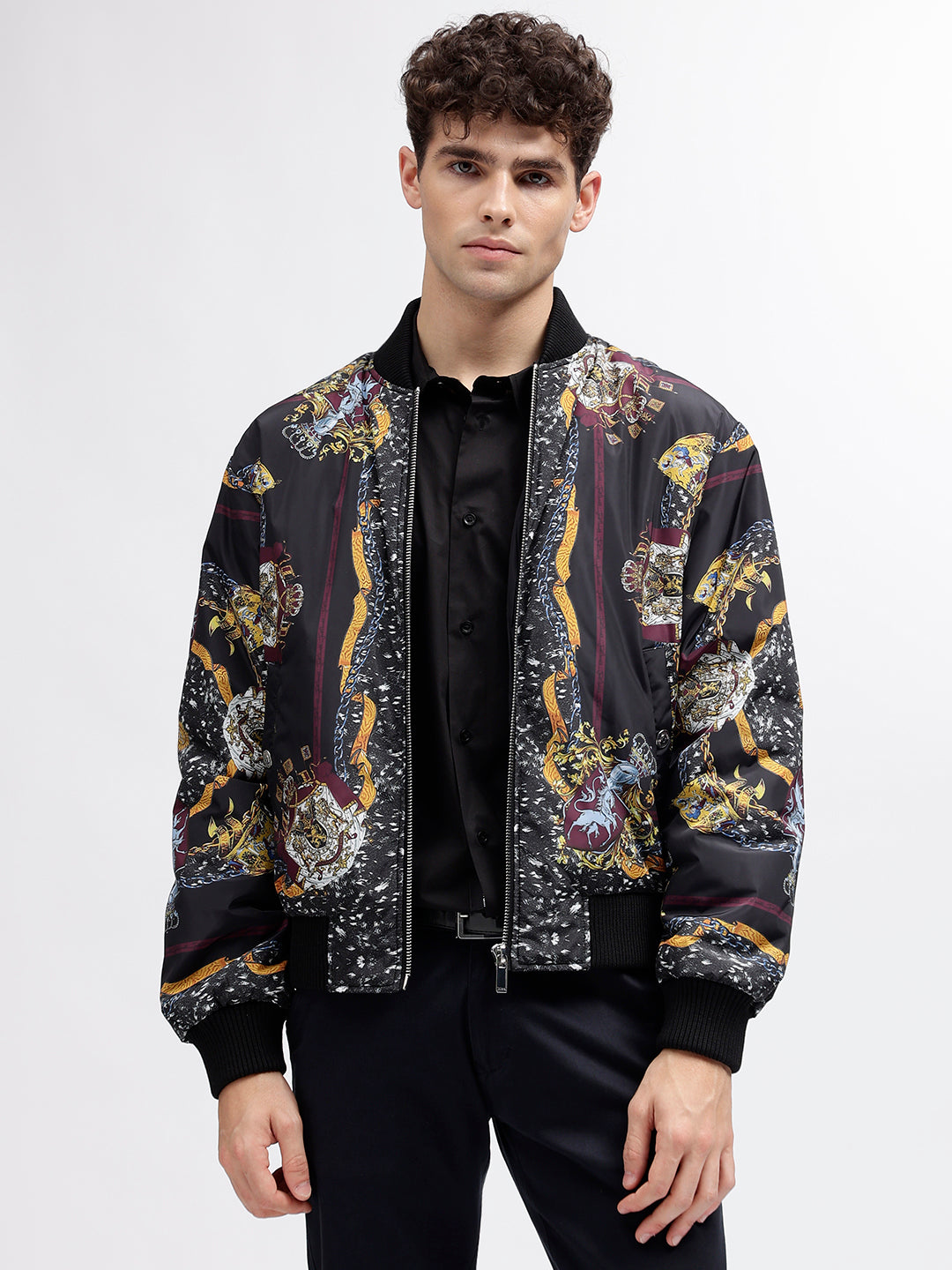 Just Cavalli Men Black Printed Stand Collar Long Sleeves Bomber Jacket