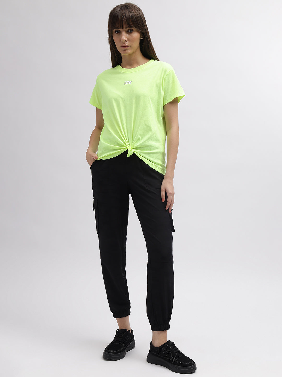 Dkny Women Green Solid Round Neck Short Sleeves T-Shirt