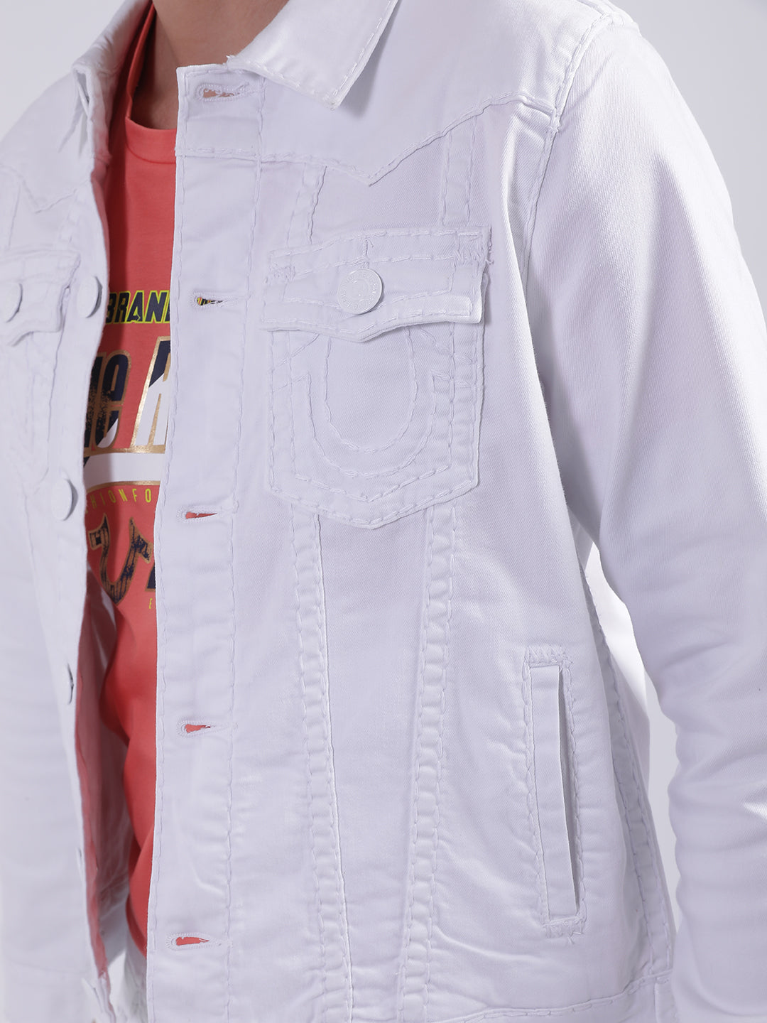 True Religion Men White Solid Collar Jacket