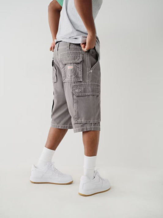 True Religion Men Grey Solid Cargo Shorts