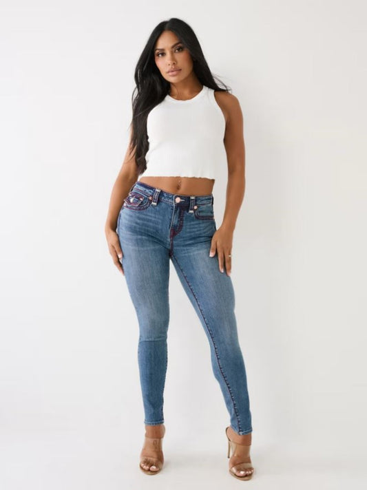 True Religion Super T JENNIE Skinny Fit Blue Mid-Rise Washed Jeans