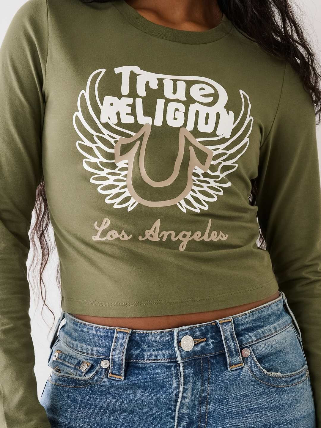 True Religion Women Green Printed Round Neck Full Sleeves T-shirt