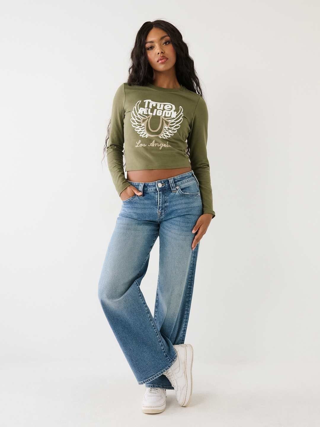 True Religion Women Green Printed Round Neck Full Sleeves T-shirt