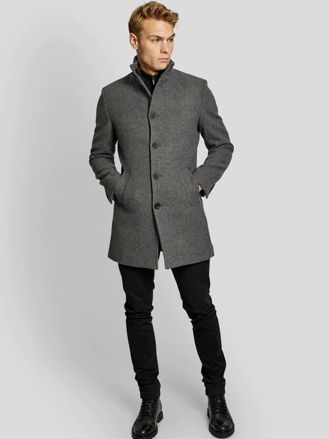 Bruun & Stengade Men Grey Solid Stand Collar Long Sleeves Overcoat