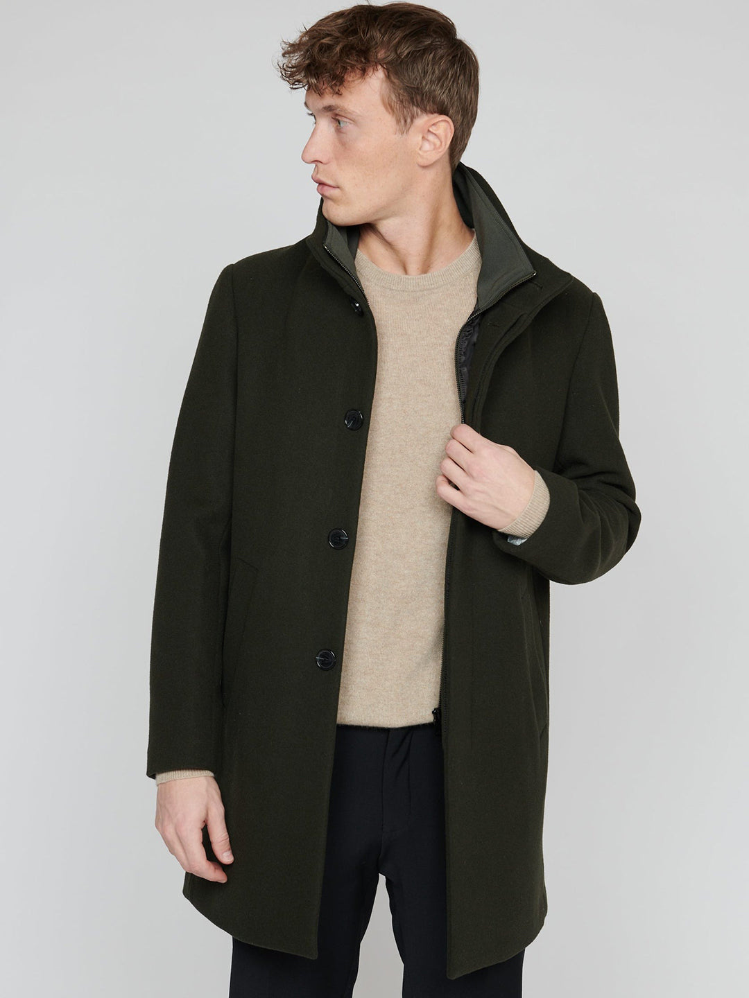 Matinique Men Green Solid Stand Collar Long Sleeves Overcoat