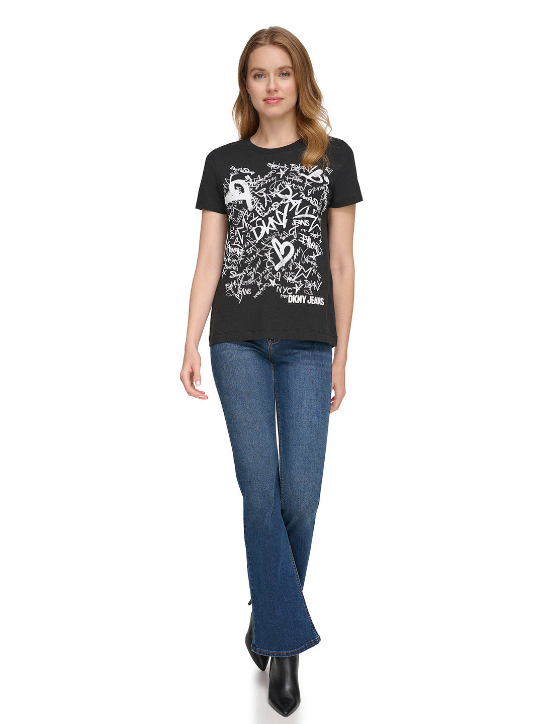 DKNY Women Black Printed Round Neck Short Sleeves T-Shirt