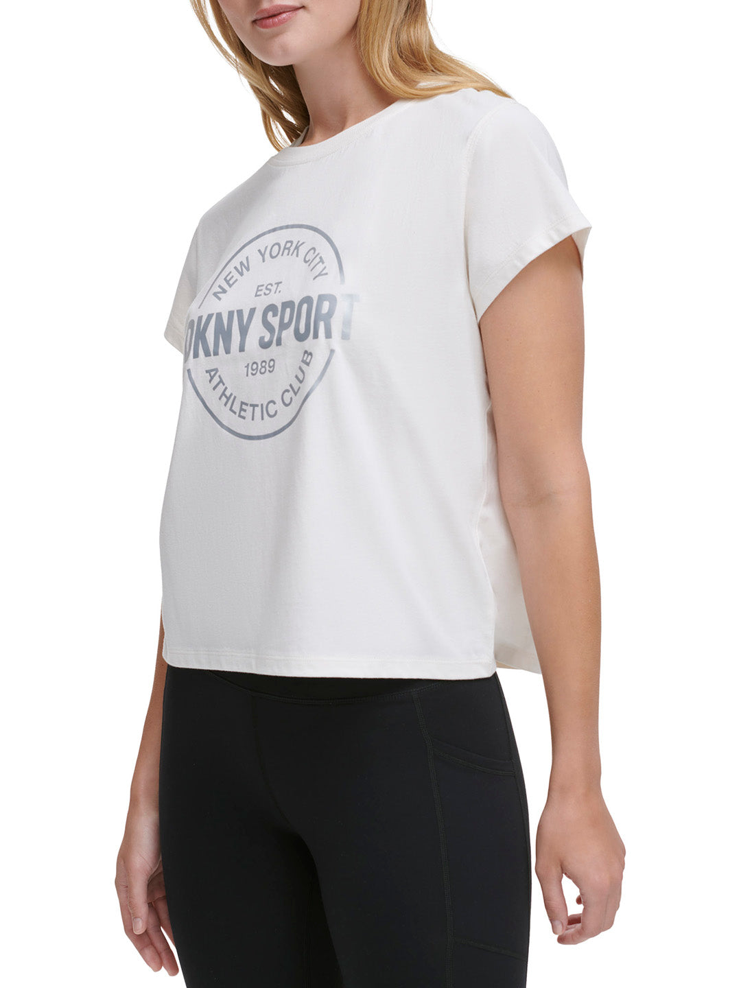 DKNY Women Off White Printed Round Neck Short Sleeves T-Shirt