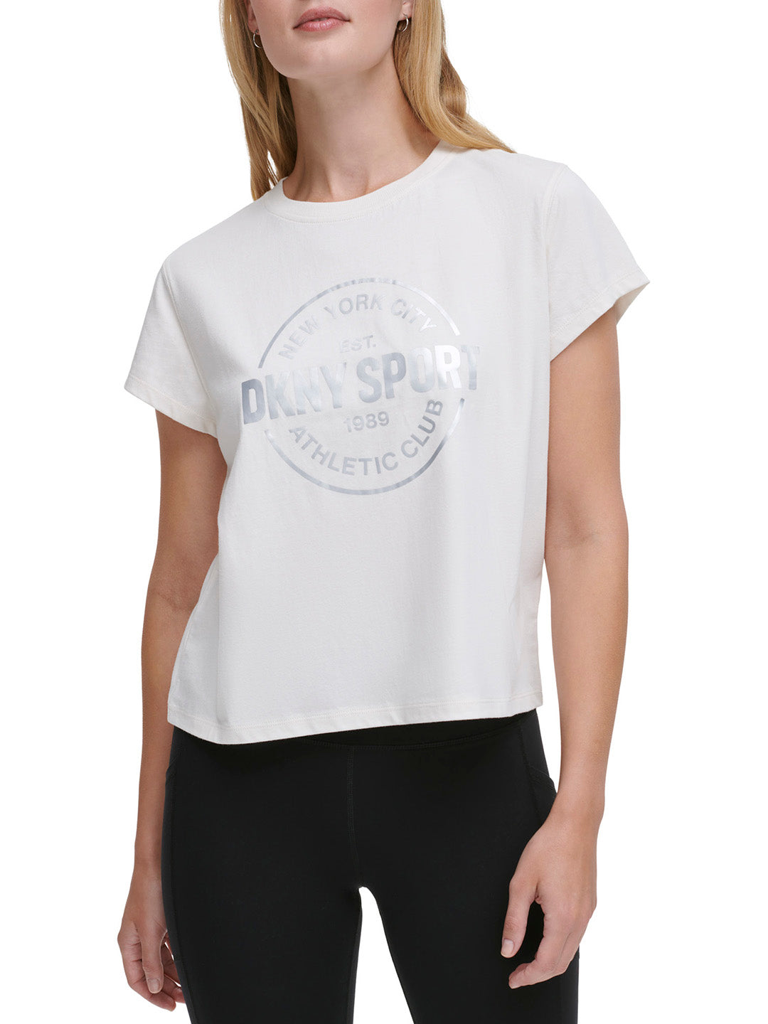 DKNY Women Off White Printed Round Neck Short Sleeves T-Shirt