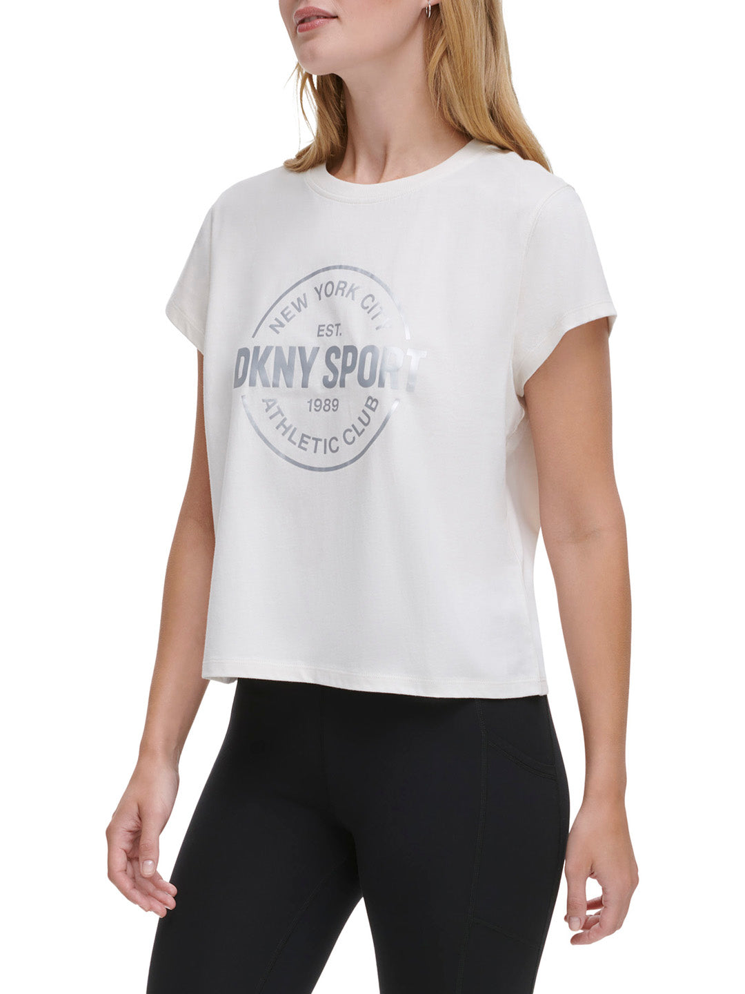 DKNY Women Off White Printed Round Neck Short Sleeves T-Shirt