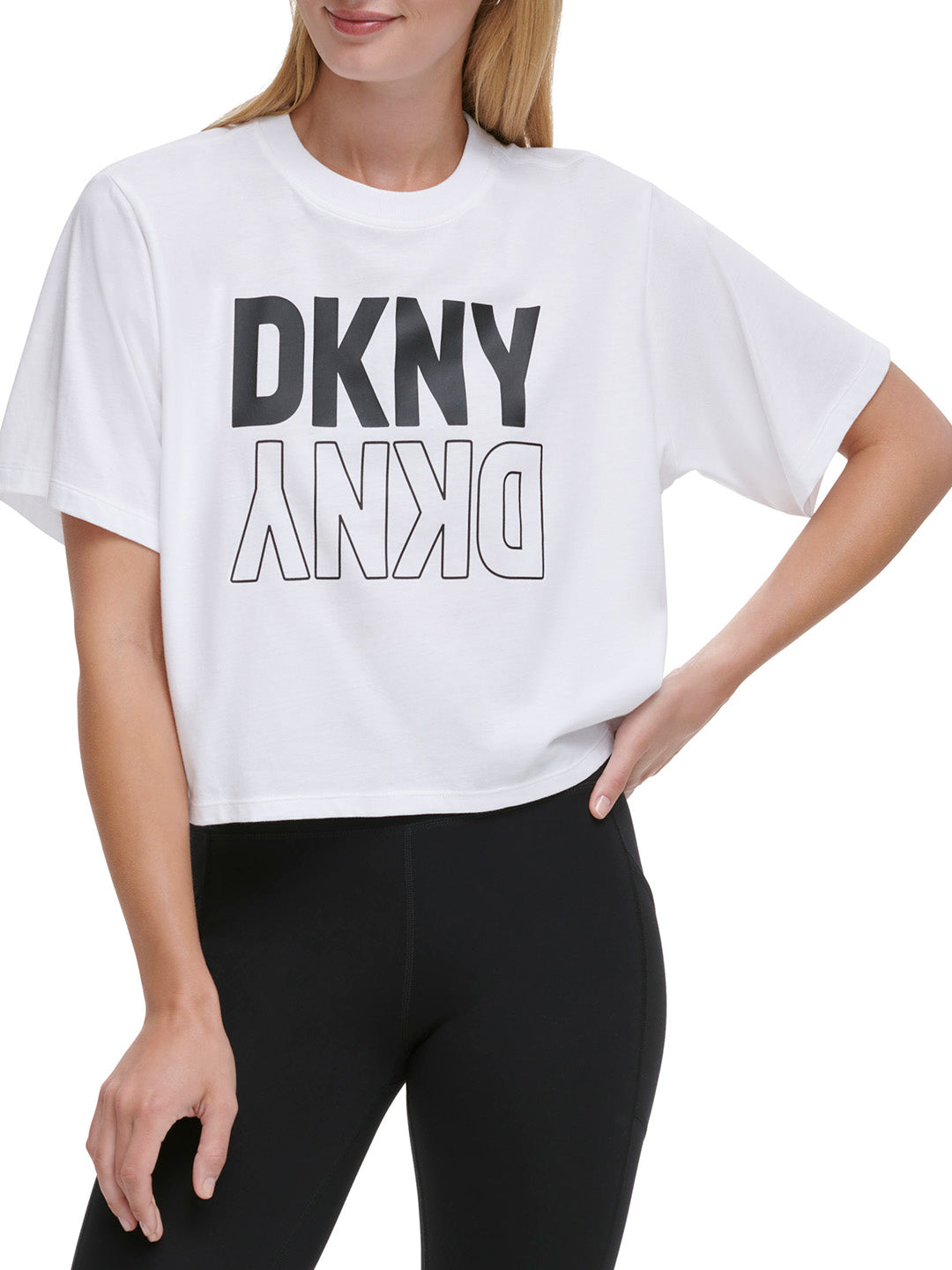 DKNY Women White Printed Round Neck Short Sleeves T-Shirt