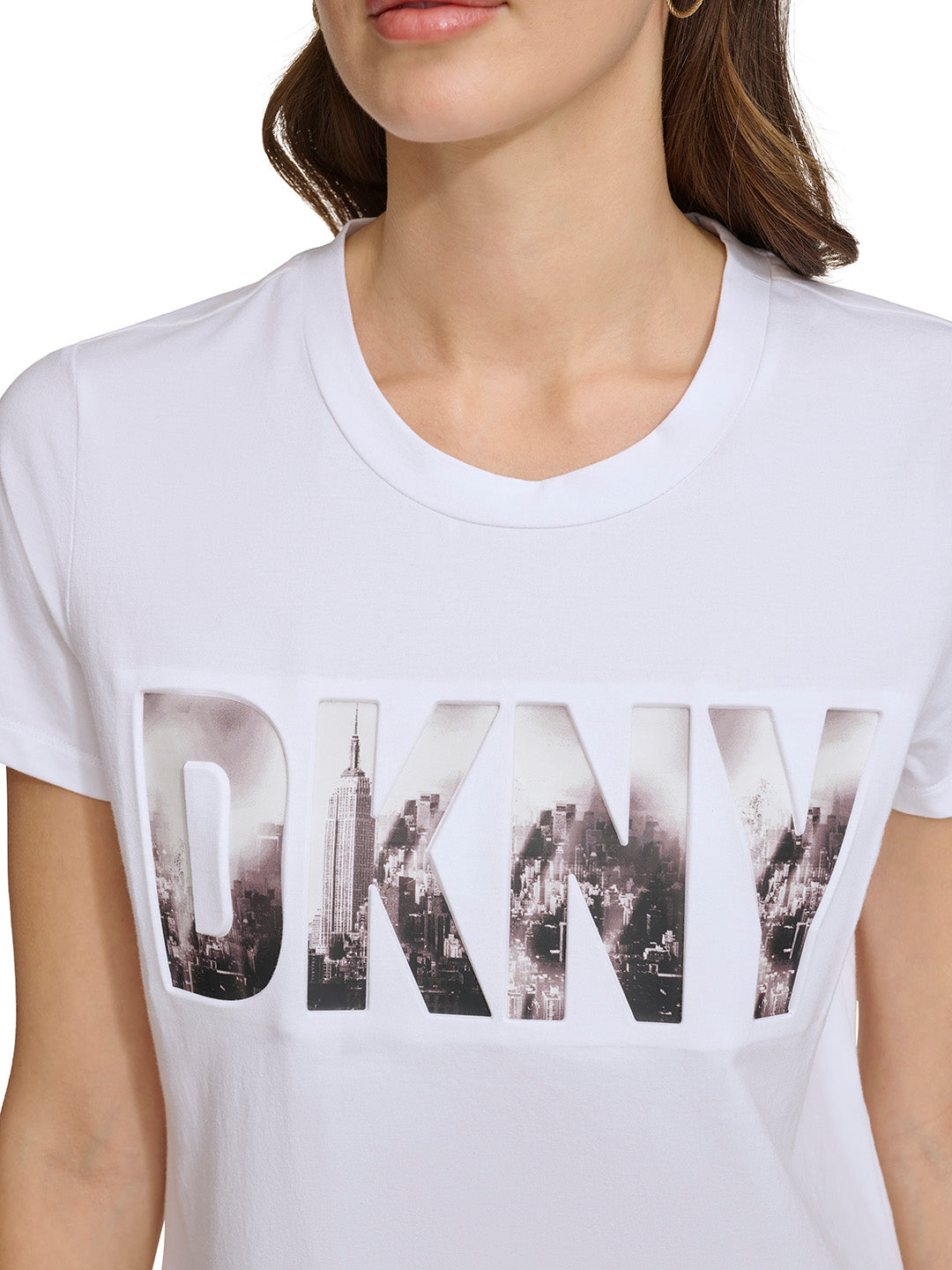 DKNY Women White Printed Round Neck Short Sleeves T-Shirt