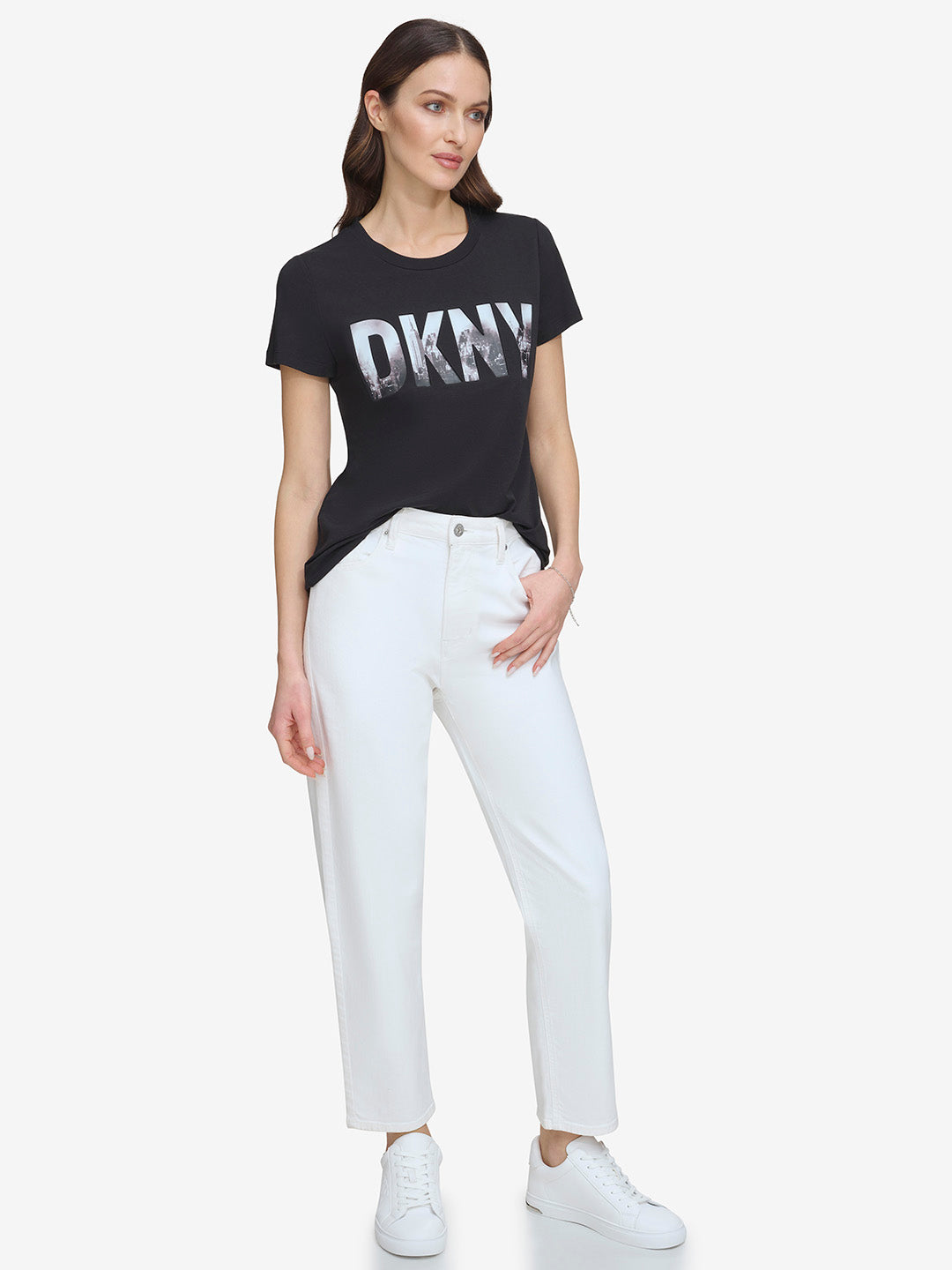 DKNY Women Black Printed Round Neck Short Sleeves T-Shirt