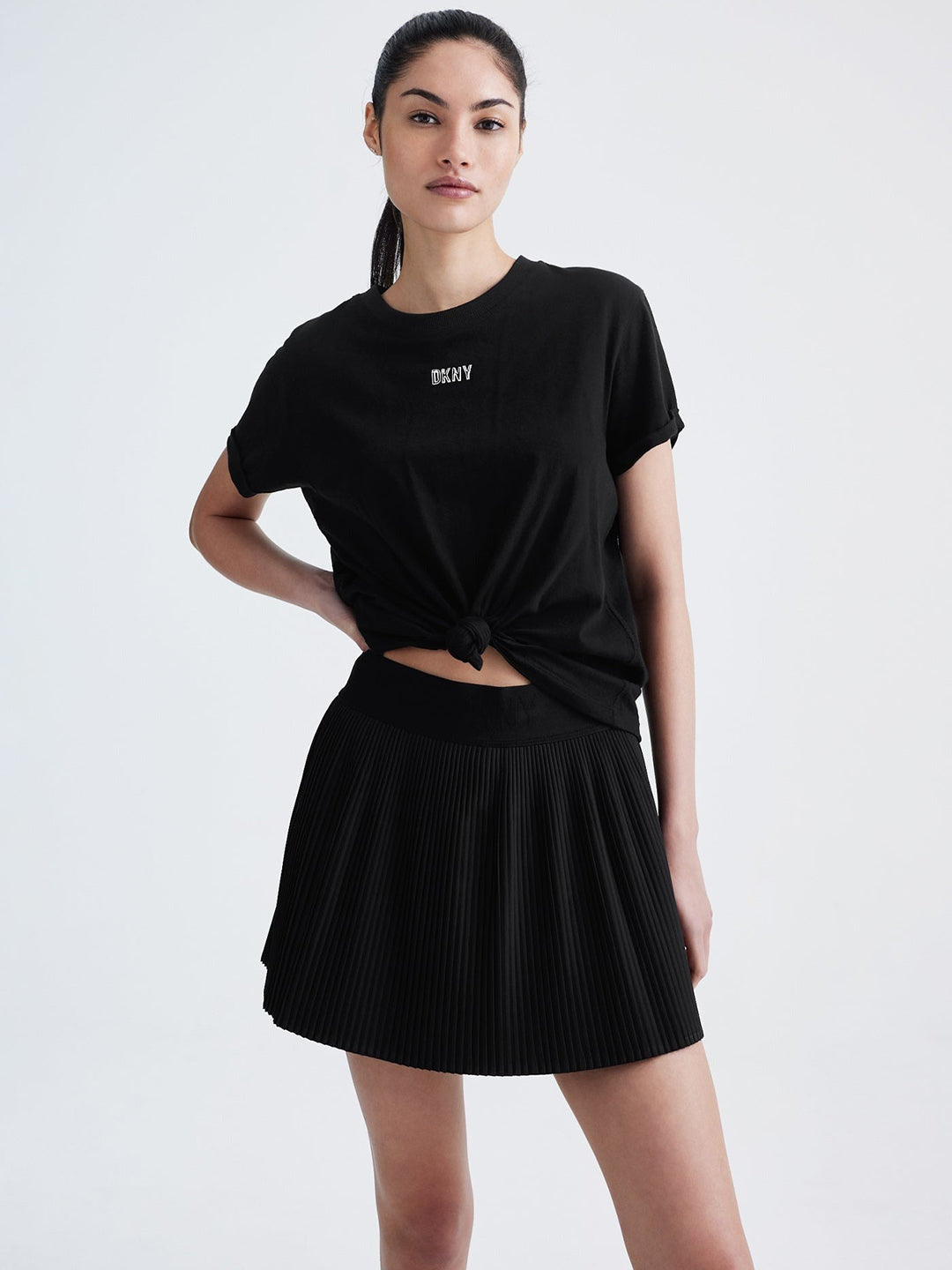 Dkny Women Black Solid Round Neck Short Sleeves Top