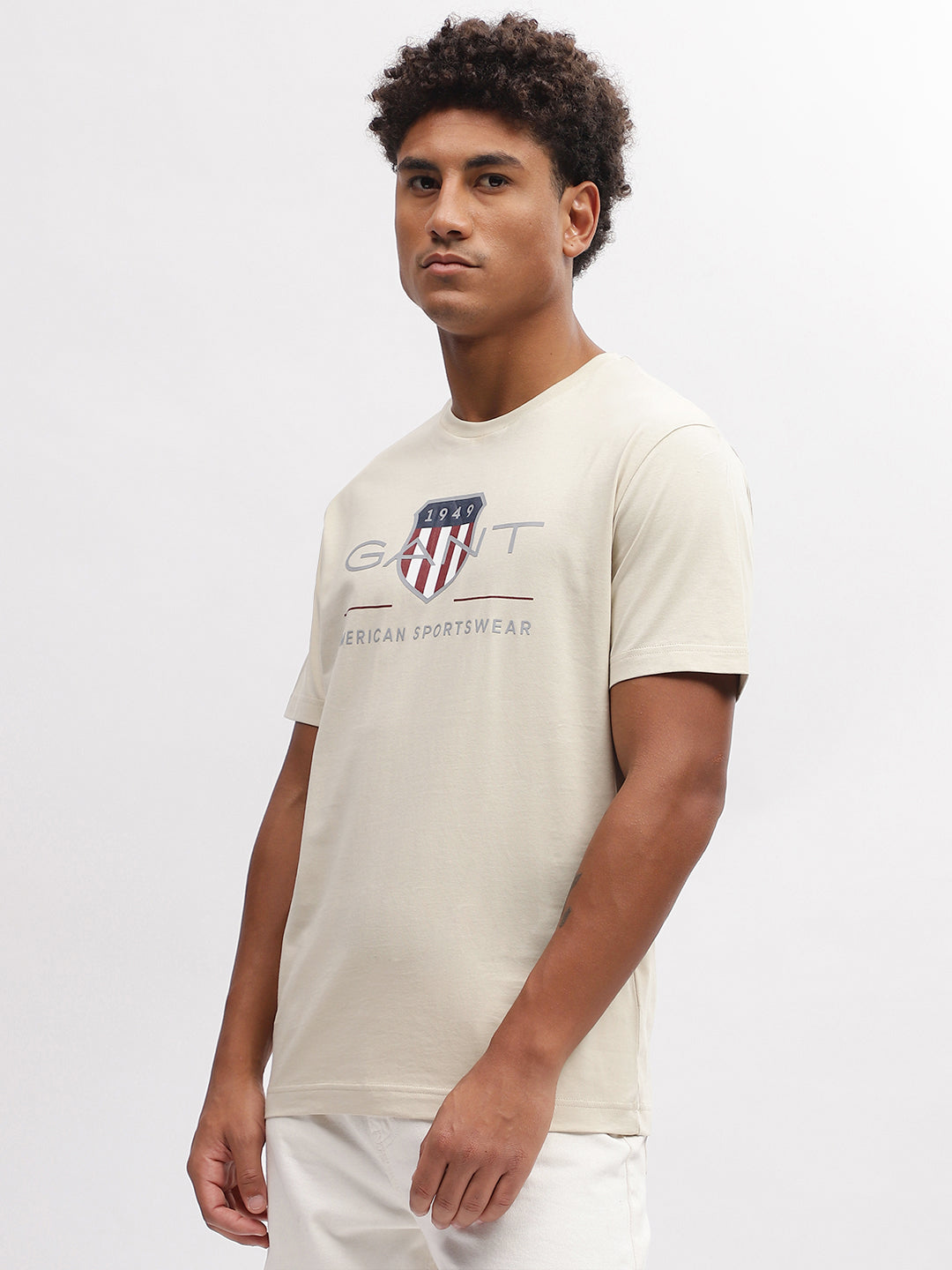 Gant Men Beige Solid Round Neck Short Sleeves T-Shirt