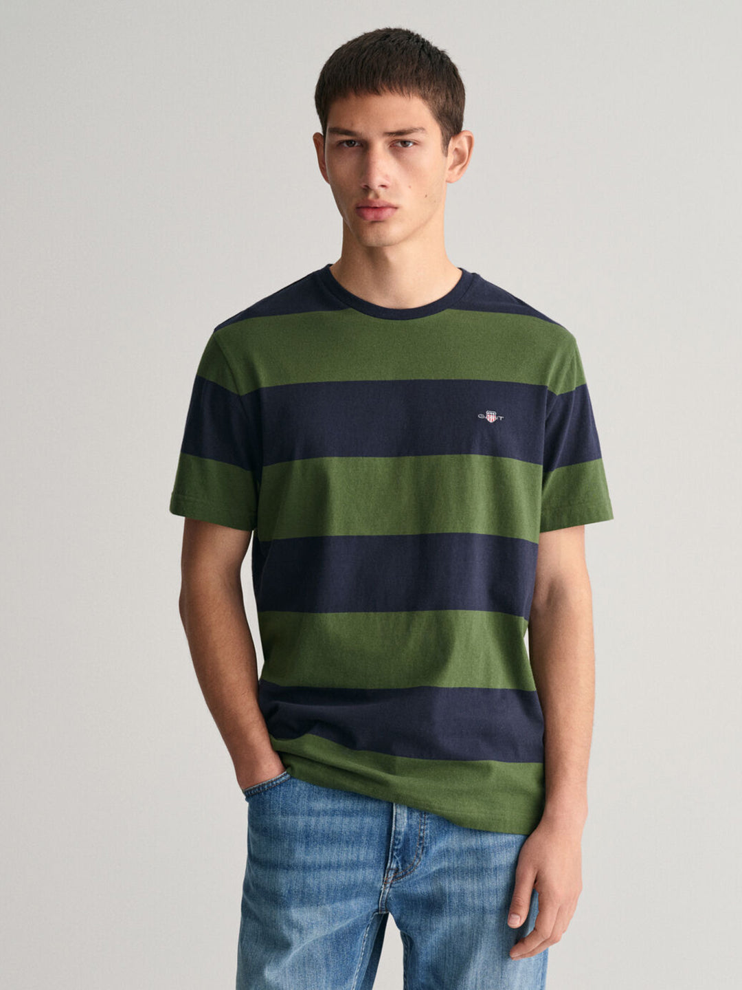 Gant Men Green Striped Round Neck Short Sleeves T-shirt