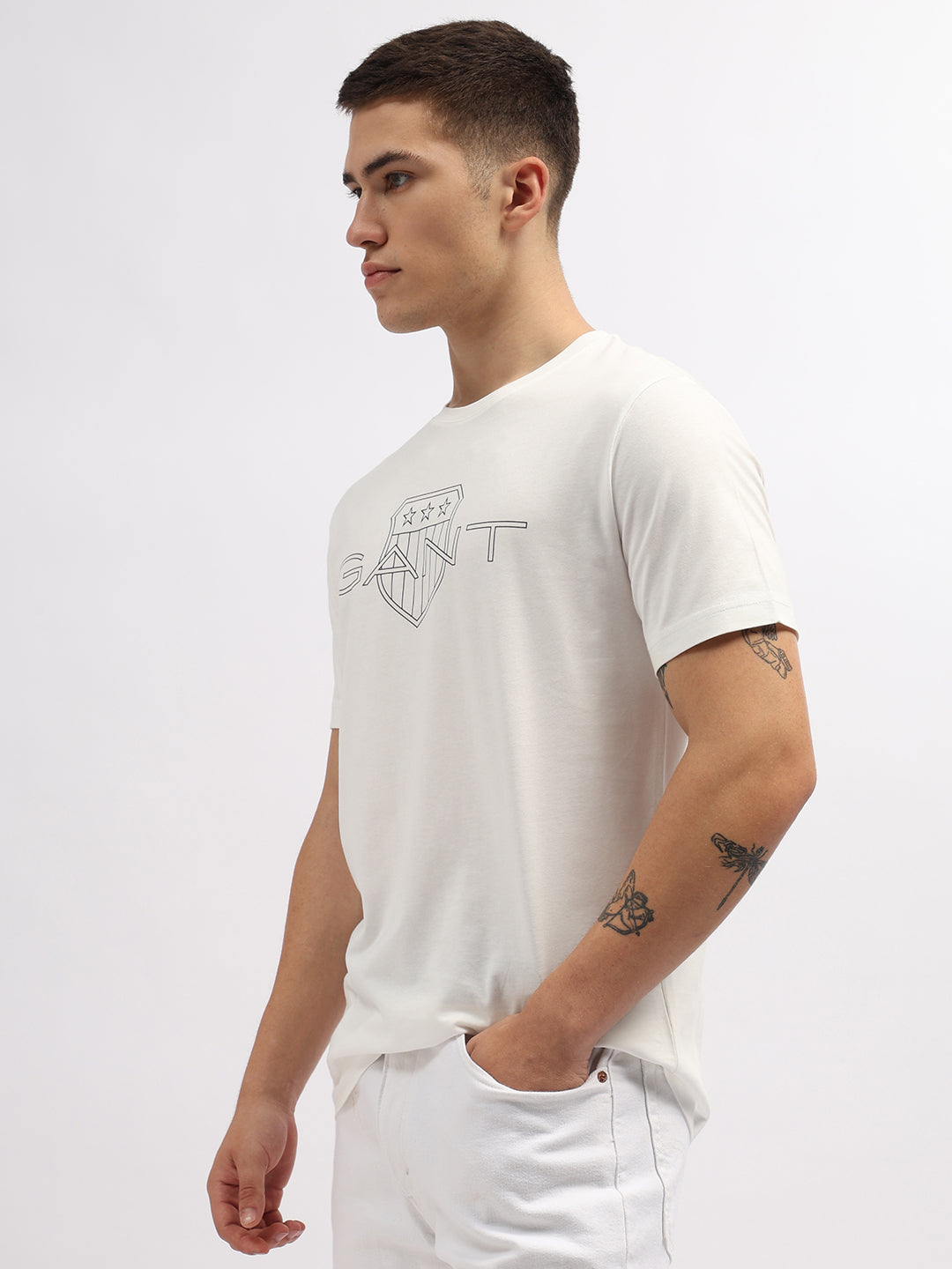 Gant Men Off White Printed Round Neck Short Sleeves T-Shirt