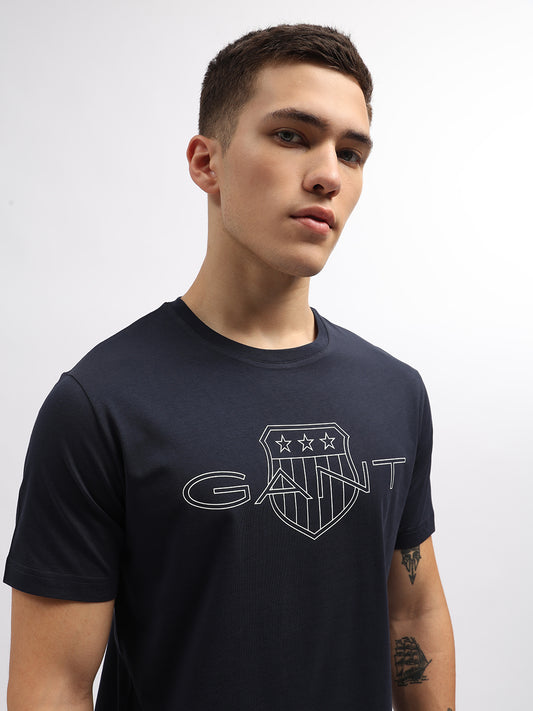 Gant Men Navy Blue Printed Round Neck Short Sleeves T-Shirt