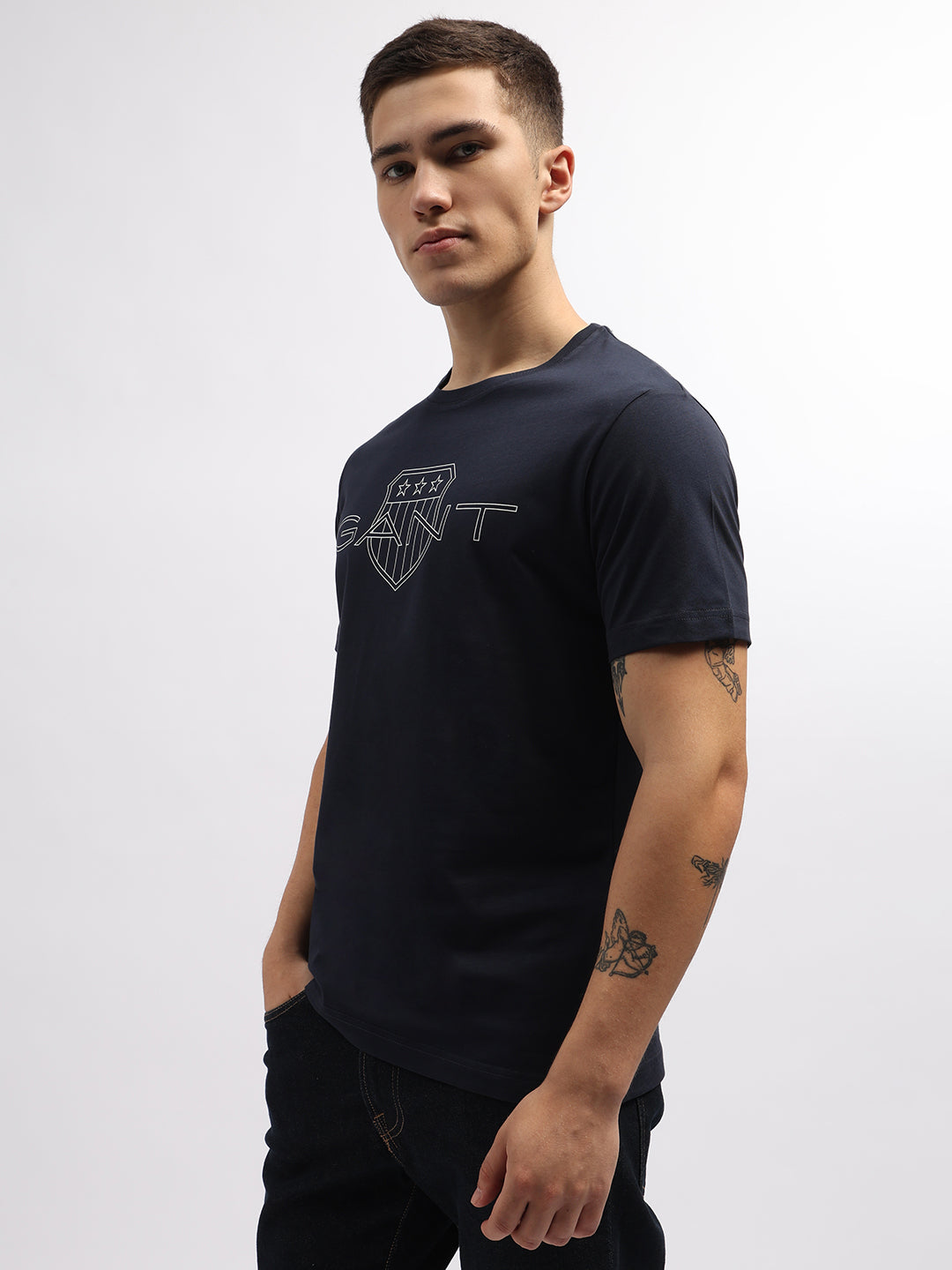 Gant Men Navy Blue Printed Round Neck Short Sleeves T-Shirt