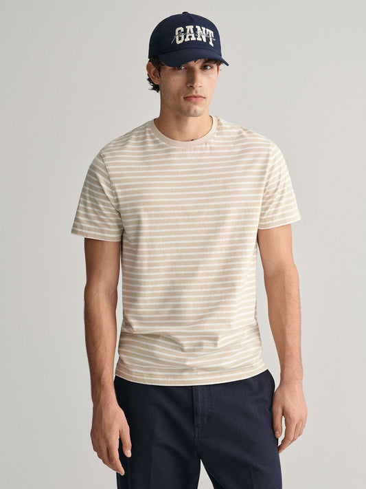 Gant Men Beige Striped Round Neck Short Sleeves T-Shirt