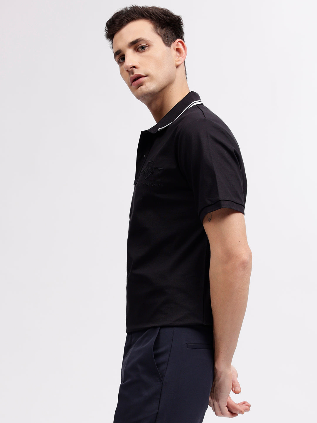 Gant Men Black Solid Polo Collar Short Sleeves T-shirt