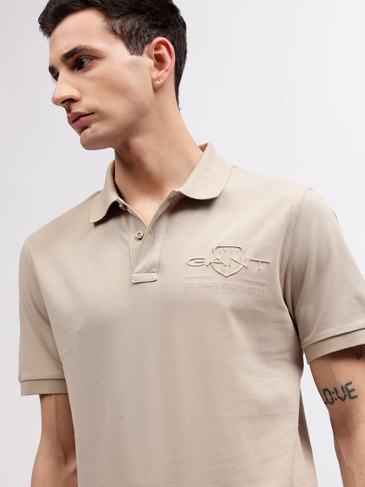 Gant Men Beige Solid Polo Collar Short Sleeves T-shirt