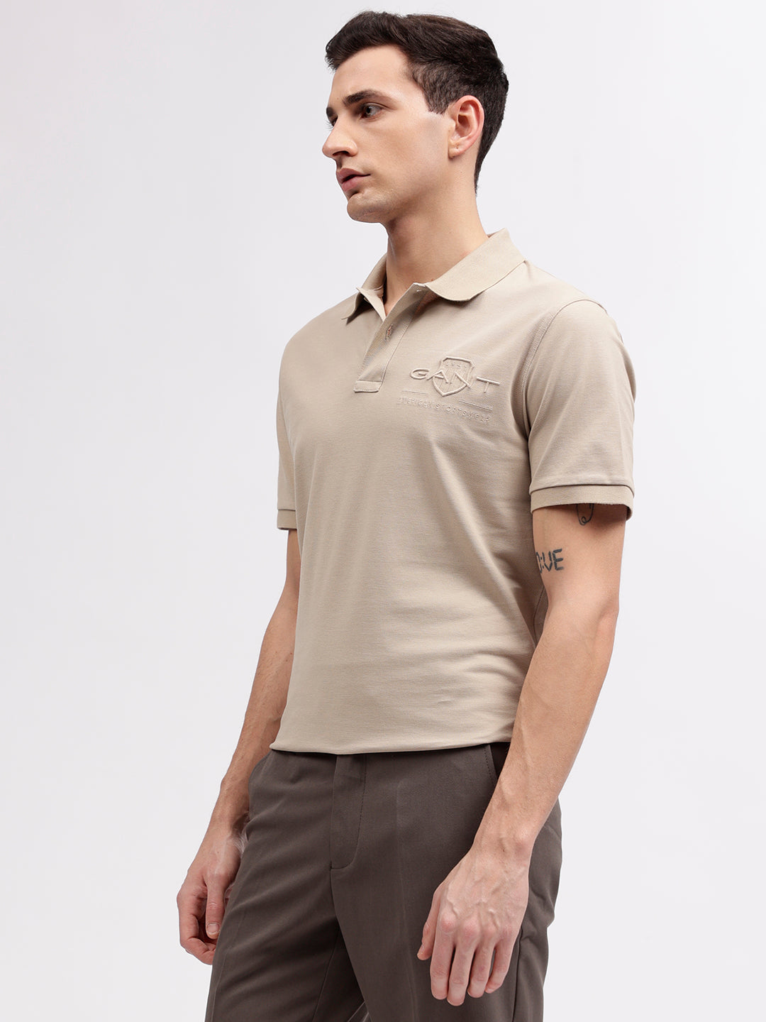 Gant Men Beige Solid Polo Collar Short Sleeves T-shirt