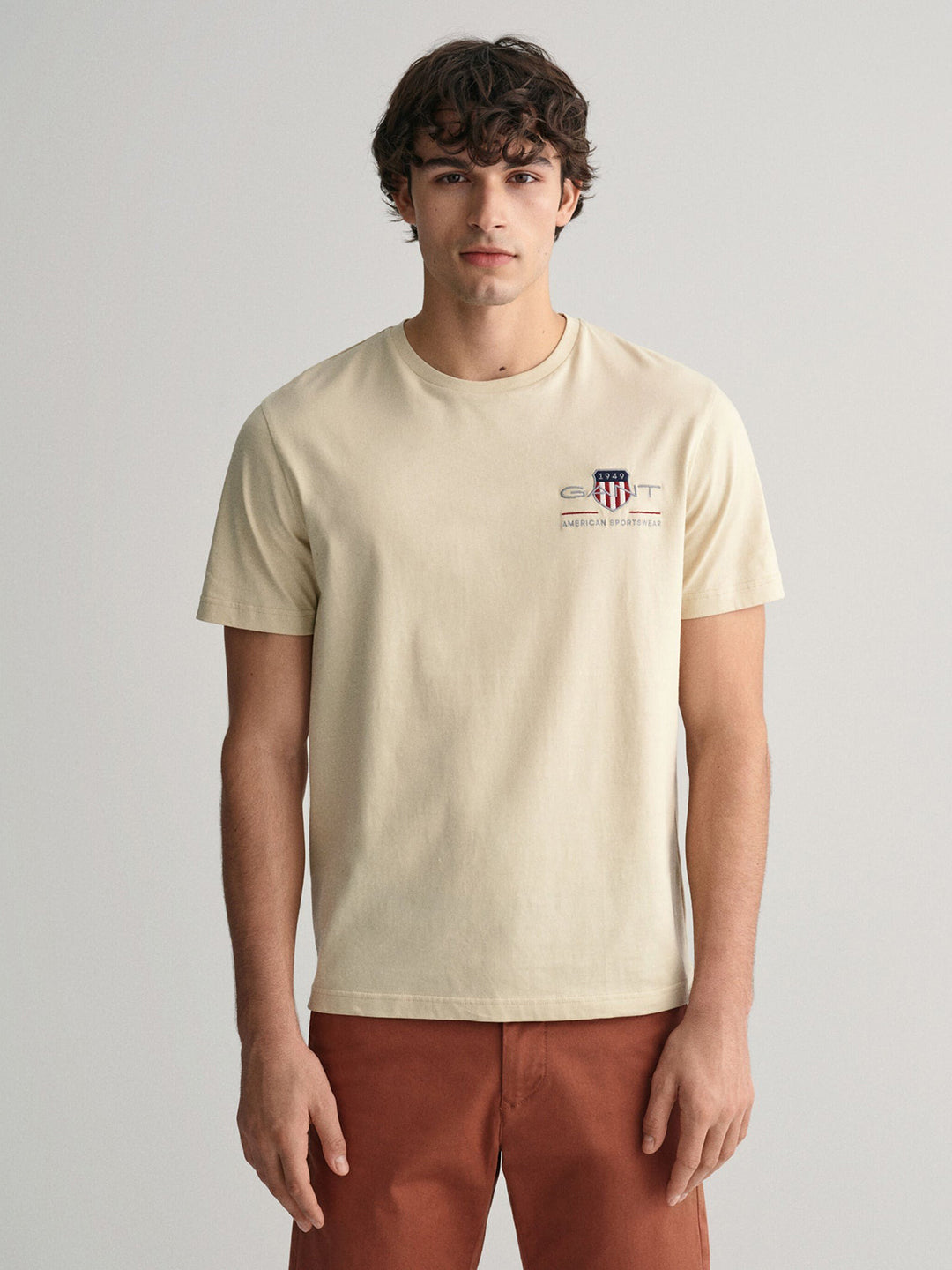 Gant Men Beige Solid Round Neck Short Sleeves T-Shirt