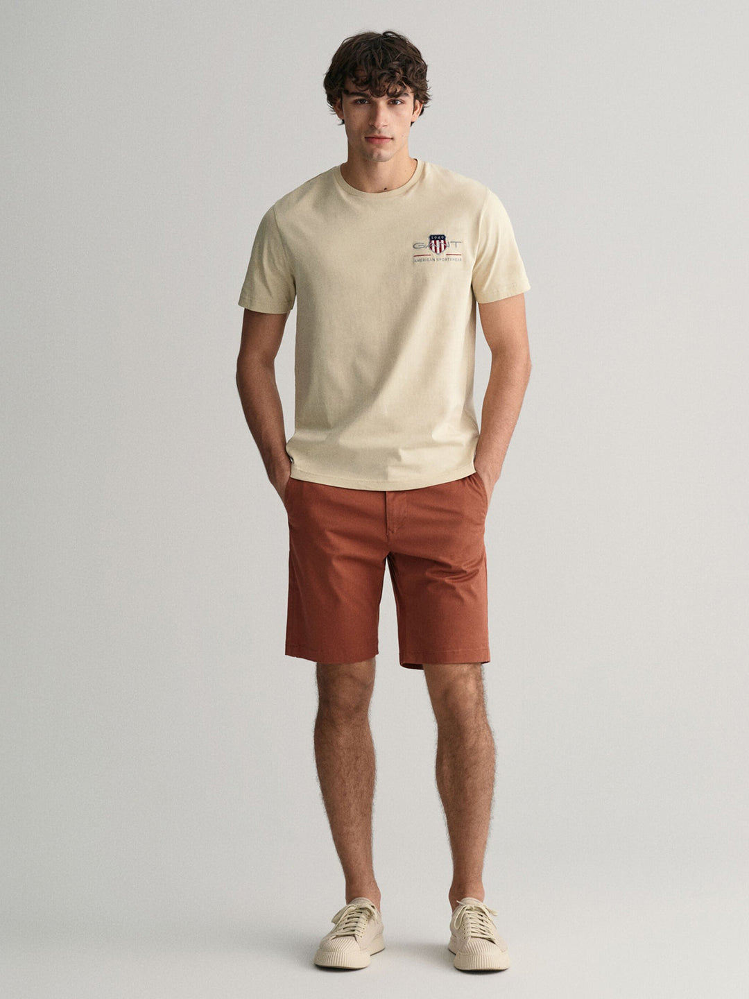 Gant Men Beige Solid Round Neck Short Sleeves T-Shirt