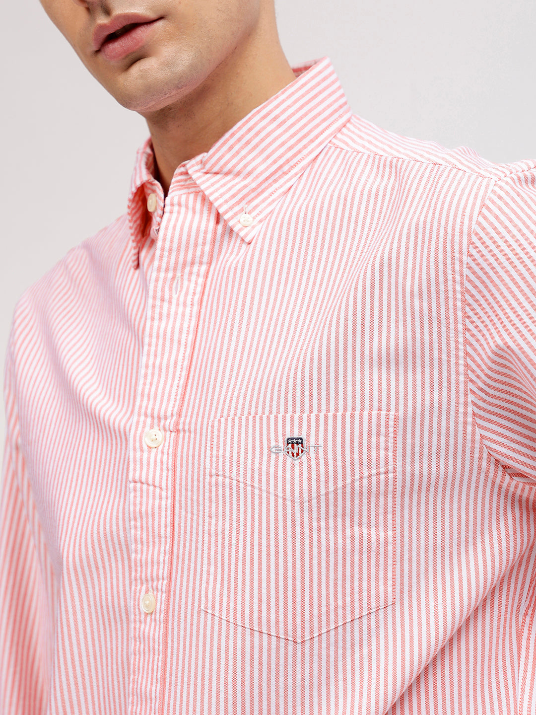 Gant Men Pink Striped Button-down Collar Full Sleeves Shirt