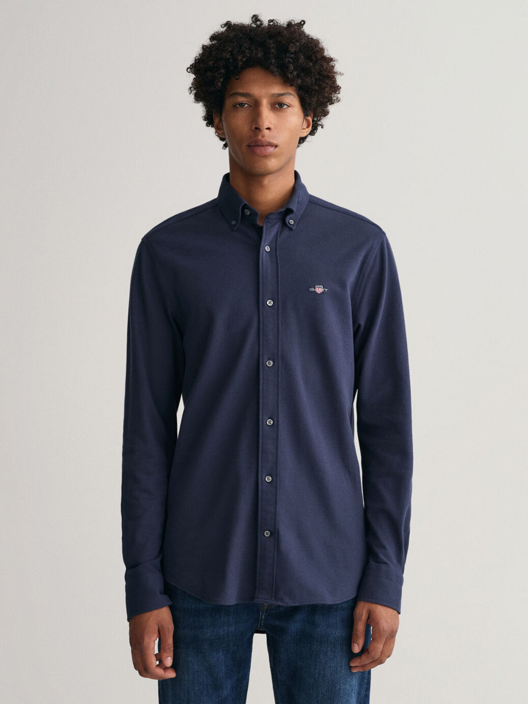 Gant Men Navy Blue Solid Button-down Collar Long Sleeves Shirt