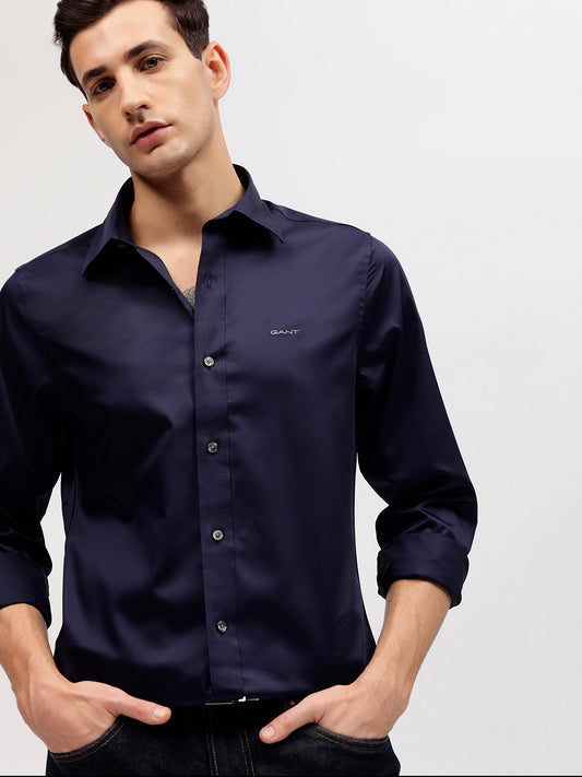 Gant Men Blue Solid Spread Collar Full Sleeves Shirt