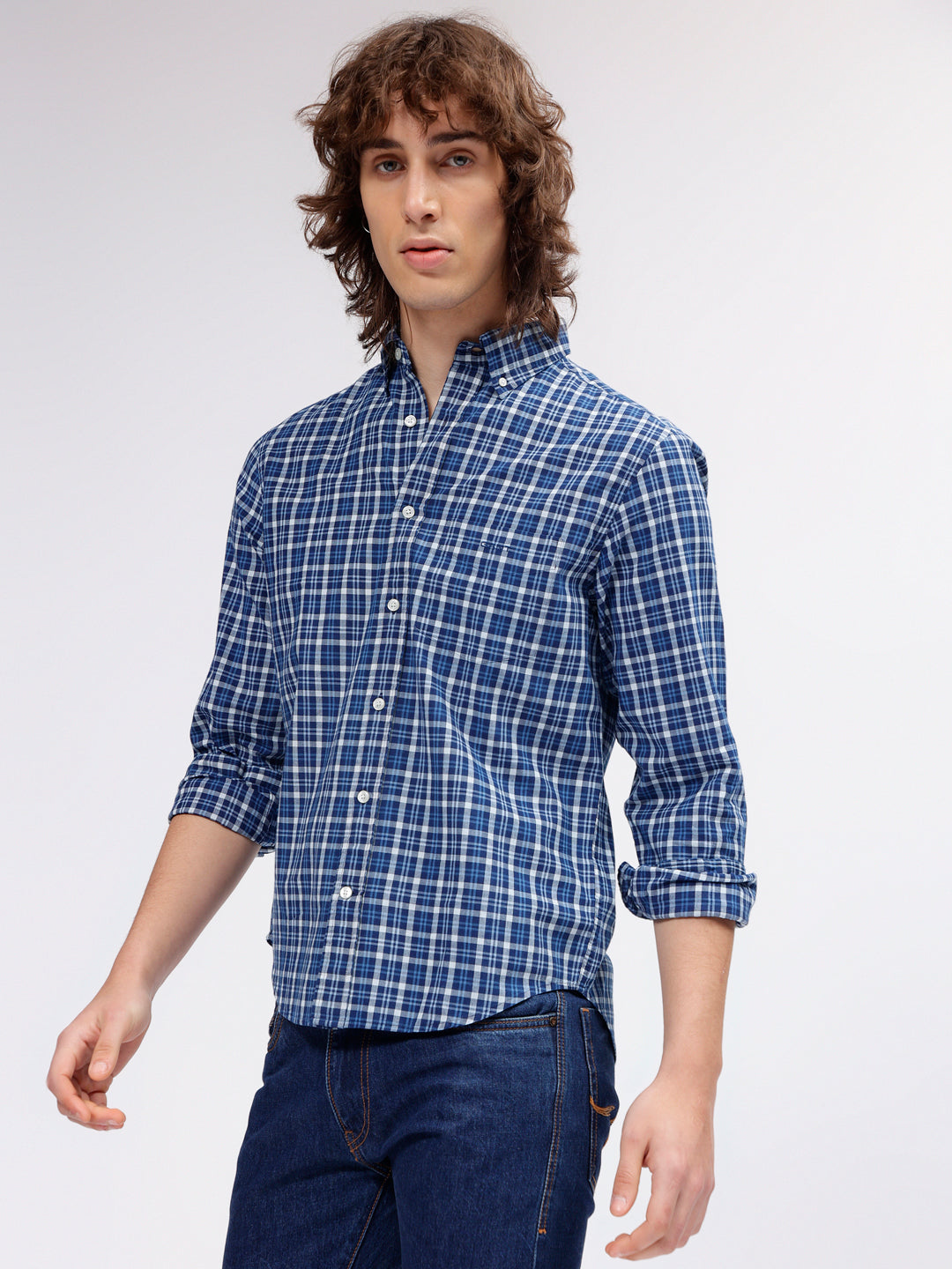 Gant Men Blue Checked Button Down Full Sleeves Shirt