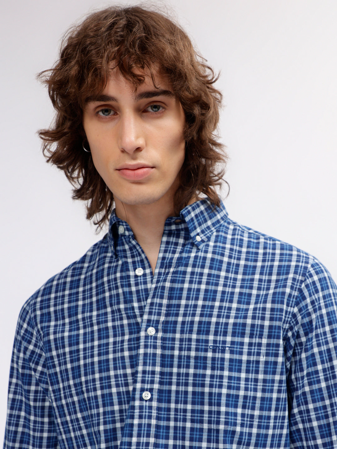 Gant Men Blue Checked Button Down Full Sleeves Shirt