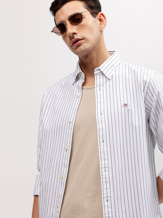 Gant Men White Striped Button-down Collar Full Sleeves Shirt