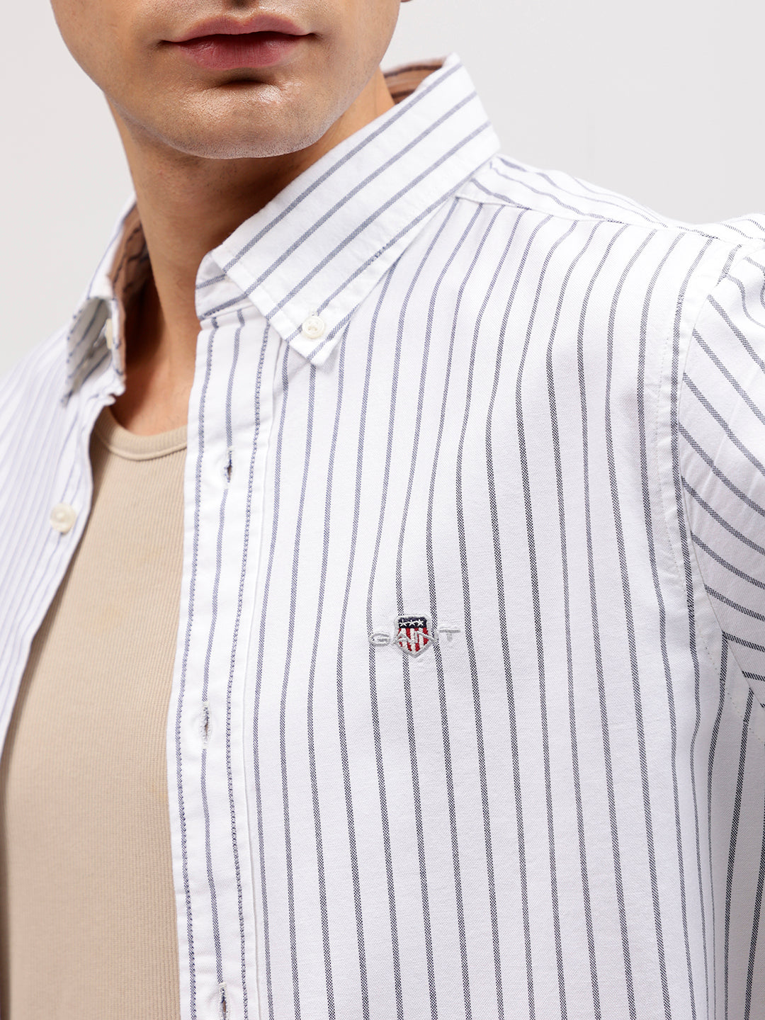 Gant Men White Striped Button-down Collar Full Sleeves Shirt