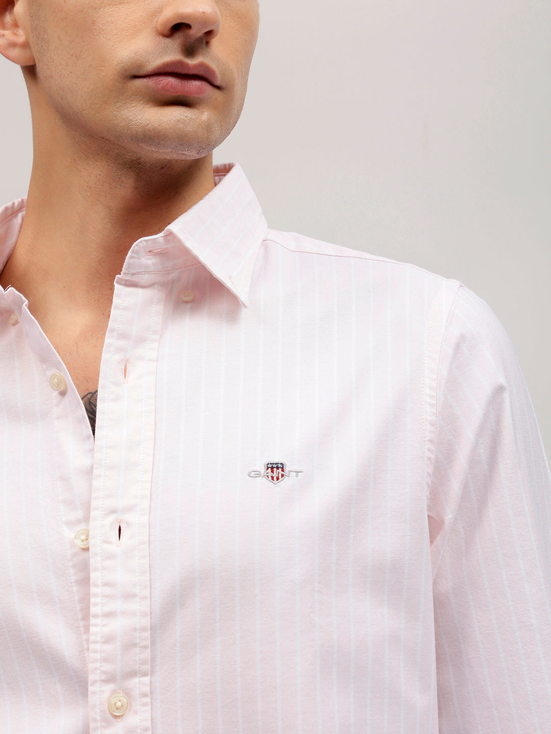 Gant Men Pink Striped Button-down Collar Full Sleeves Shirt