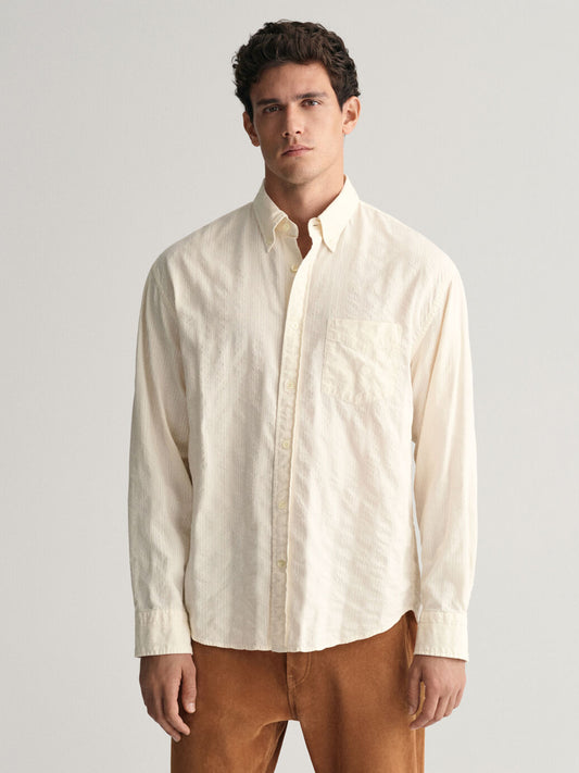 Gant Men Cream Striped Button Down Collar Full Sleeves Shirt